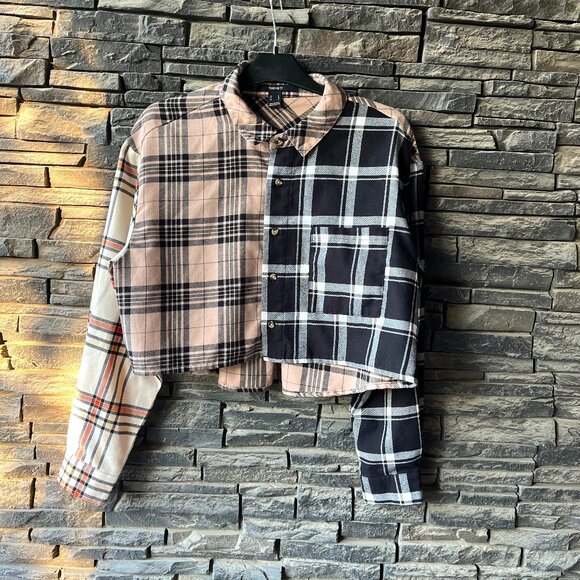 Forever 21 Patchwork Cropped Flannel Shirt – Size L - Picture 1 of 4